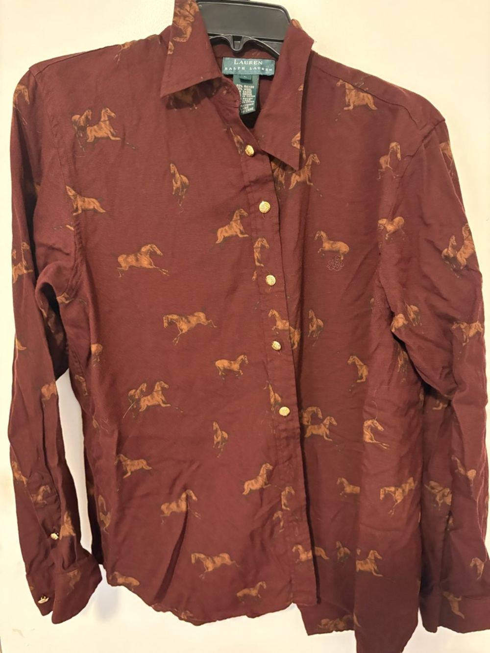 Lauren Ralph Lauren Wool Blend Horse Print Button Down Shirt - Burgundy M